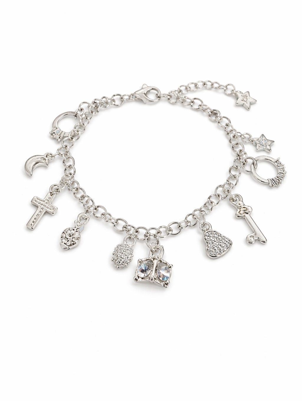 Silver Tone Charm Bracelet Multi Charm Cross Moon Star Heart Key Rhinestone